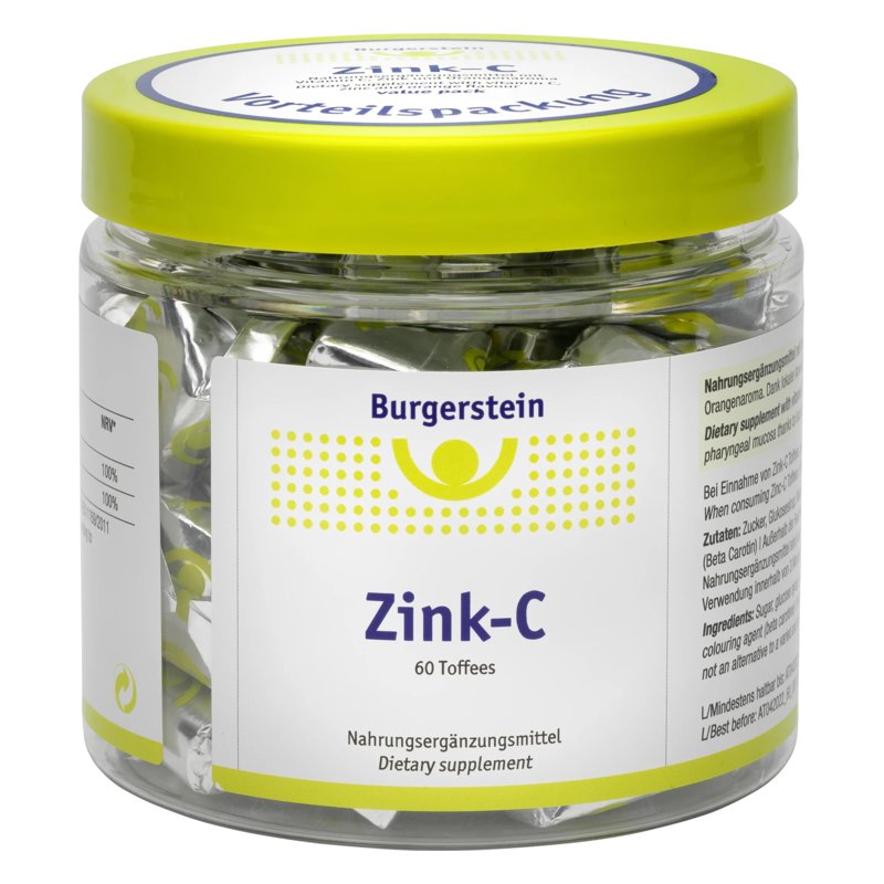 Durchsichtiger Kunststoffbehälter mit gelbem Deckel, gefüllt mit Zink-C Toffees von Burgerstein. Verpackungslabel sichtbar.