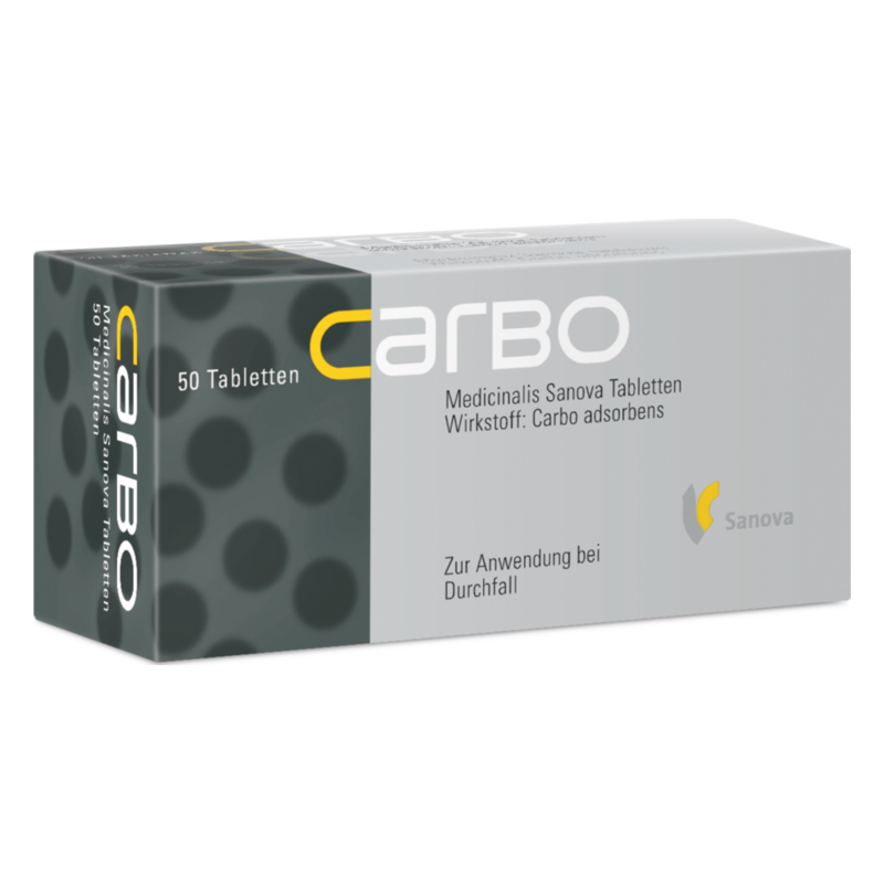 Packung mit 50 Sanova Tabletten zur Behandlung von Durchfall, mit schwarzer und grauer Gestaltung, Wirkstoff Carbo adsorbens.
