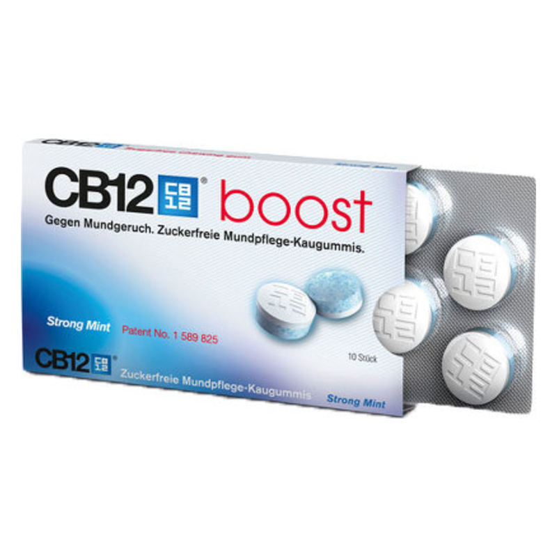 Verpackung von CB12 boost Kauengummis gegen Mundgeruch in starker Minzgeschmack mit 10 Stück in Blister.