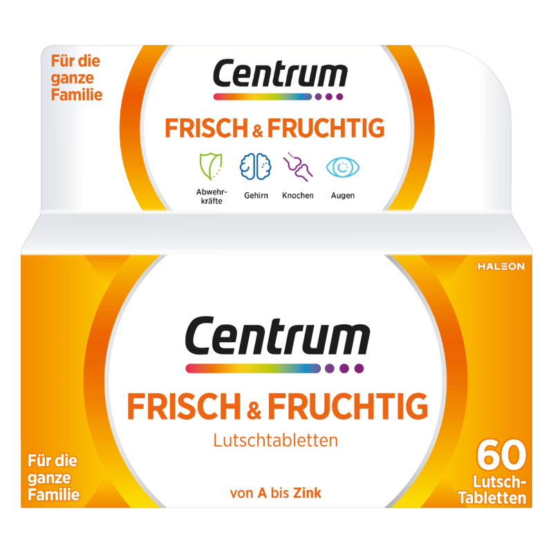 Verpackung von Centrum Frisch & Fruchtig Lutschtabletten mit Angaben zur Nutzung für die ganze Familie und wichtigen Nährstoffen.