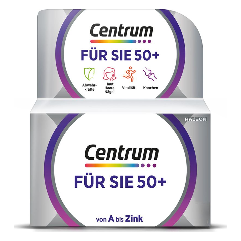 Verpackung von Centrum für Personen über 50, mit Angaben zu Abwehrkräften, Haut, Vitalität und Knochen.