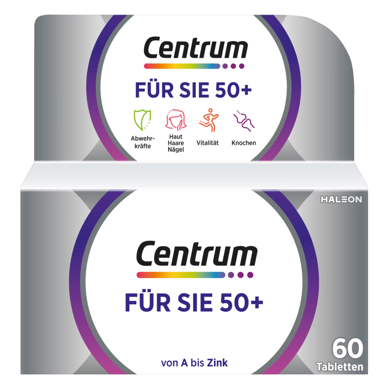 Verpackung von Centrum Für Sie 50+, ein Nahrungsergänzungsmittel mit verschiedenen Gesundheitsnutzen.
