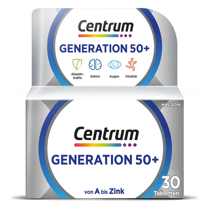 Verpackung von Centrum Generation 50+, zeigt Hinweise auf Abwehrkräfte, Gehirn, Augen und Vitalität.
