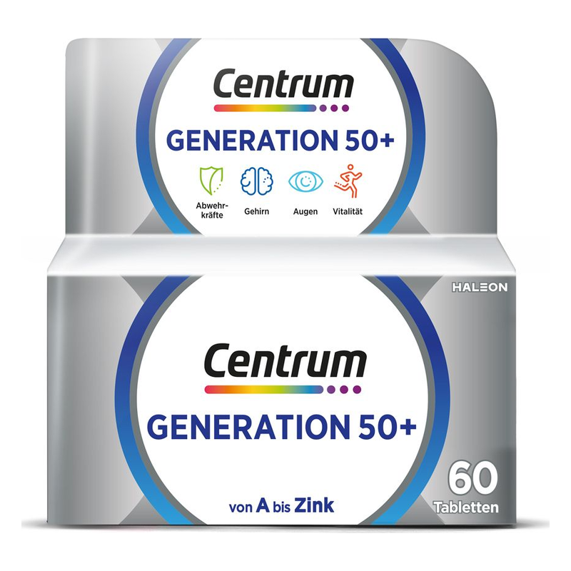 Verpackung von Centrum Generation 50+, mit Hinweisen zu Abwehrkräften, Gehirn, Augen und Vitalität.