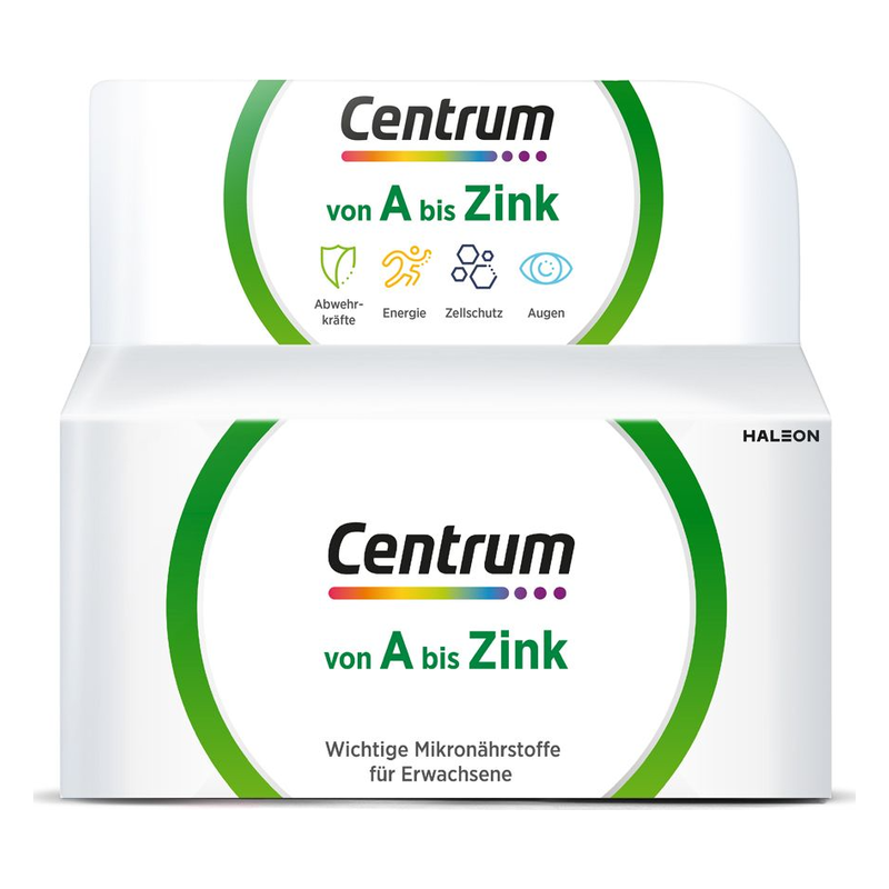 Packung von Centrum vitaminen von A bis Zink mit Hinweisen zu Abwehrkräften, Energie, Zellschutz und Augen.