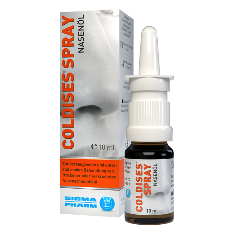 Flasche mit Coldises Spray, Nasenöl in einer 10 ml Verpackung, mit Pipettendeckel und Gebrauchsanweisung auf der Box.