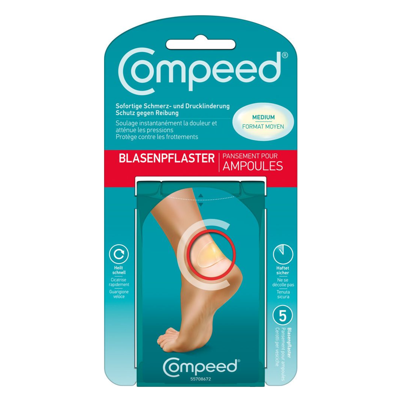 Verpackung eines Blasenpflasters von Compeed in der Größe Medium mit Anweisungen zur Schmerz- und Drucklinderung.