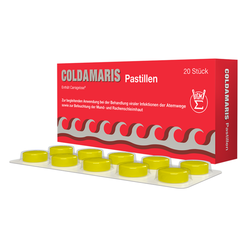 Packung mit COLDAMARIS Pastillen in gelber Farbe zur Behandlung von Atemwegsinfektionen.