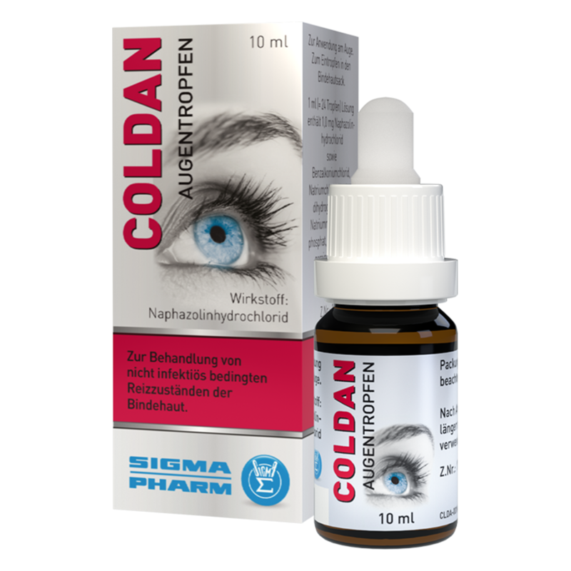 Augentropfen in einer braunen Flasche mit weißem Tropfverschluss und Verpackung, die eine Augenillustration zeigt.