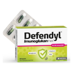 Verpackung von Defendyl Immunoglukan P4H mit Kapseln zur Unterstützung des Immunsystems, enthält Vitamin C und Zink.