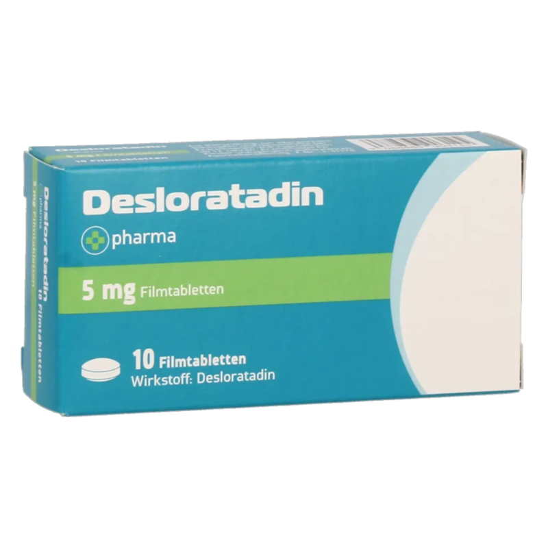 Packung mit Desloratadin Filmtabletten, 5 mg, für Allergiebehandlung, turquoise und grüne Farbgestaltung.