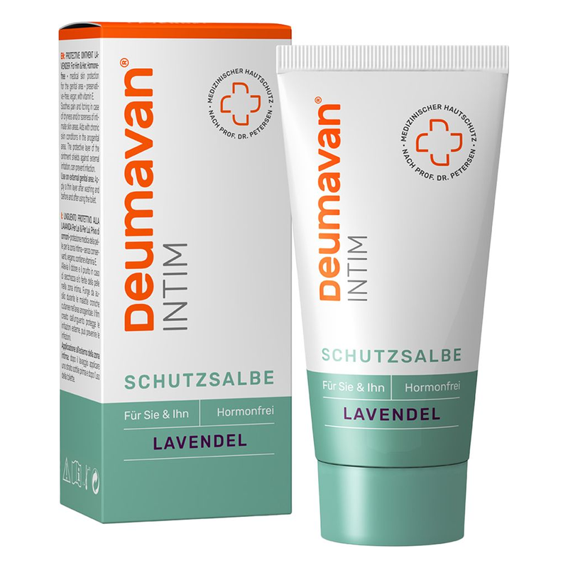 Deumavan Intim Schutzsalbe in einer Tube mit Lavendelduft, verpackt in einer Kartonbox, hormonfrei und für ihn und sie geeignet.