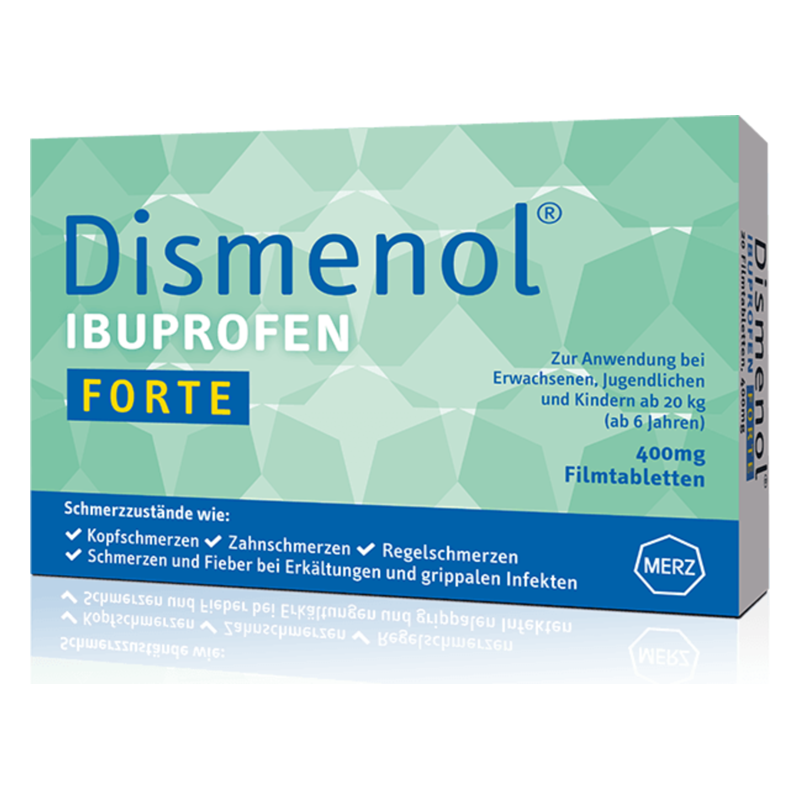 Verpackung von Dismenol Ibuprofen Forte, 400 mg Filmtabletten zur Schmerzlinderung bei verschiedenen Beschwerden.