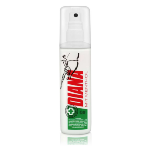 Sprühlotion in einer transparenten Flasche, die den Schriftzug 'Diana mit Menthol' trägt und Mentholwirkung anzeigt.