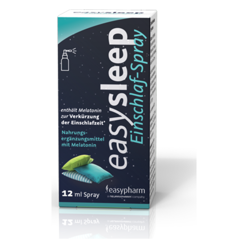 Verpackung von easySleep Einschlaf-Spray mit Melatonin, das zur Verkürzung der Einschlafzeit dient.