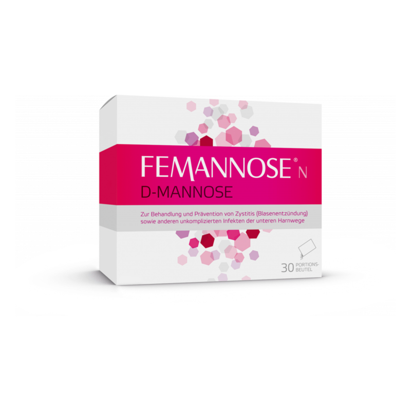Verpackung von FEMANNOSE D-Mannose zur Behandlung von Zystitis, mit rosa Schrift und geometrischen Mustern.