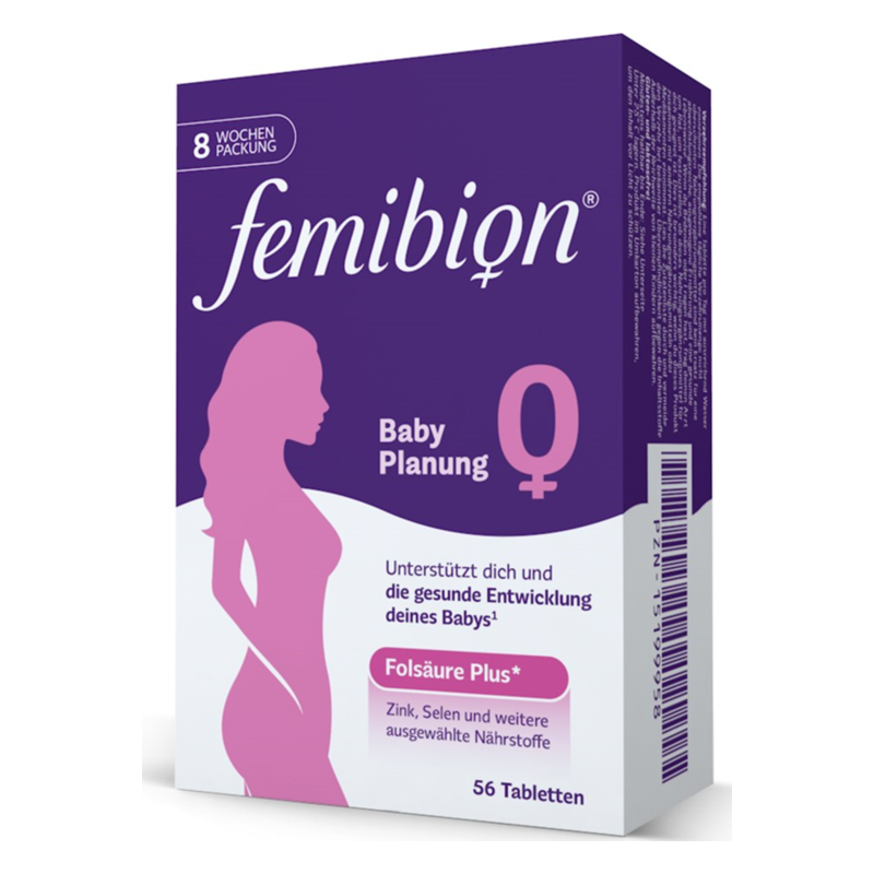 Verpackung von femibion Baby Planung mit der Aufschrift "Folsäure Plus" und einer stilisierten Frauenfigur.