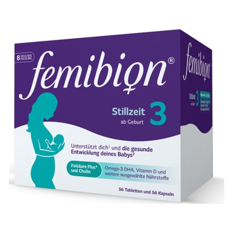 Verpackung von femibion Stillzeit 3, unterstützt die gesunde Entwicklung von Babys mit wichtigen Nährstoffen.
