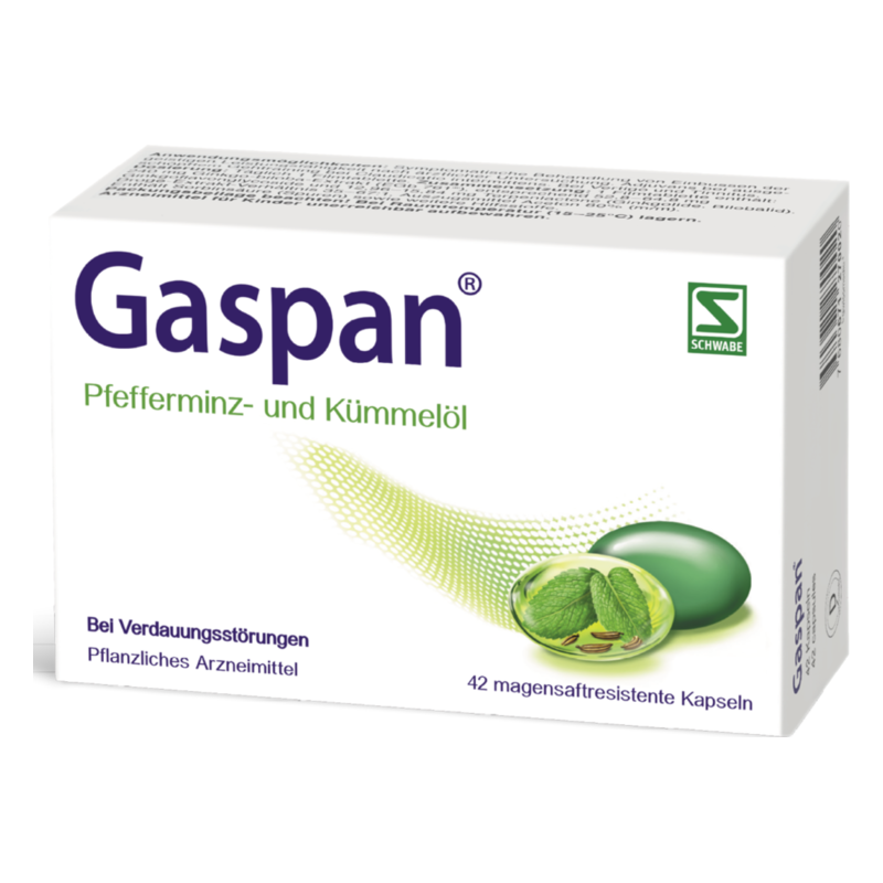 Packung von Gaspan, einem pflanzlichen Arzneimittel mit Pfefferminz- und Kümmelöl, für Verdauungsstörungen.