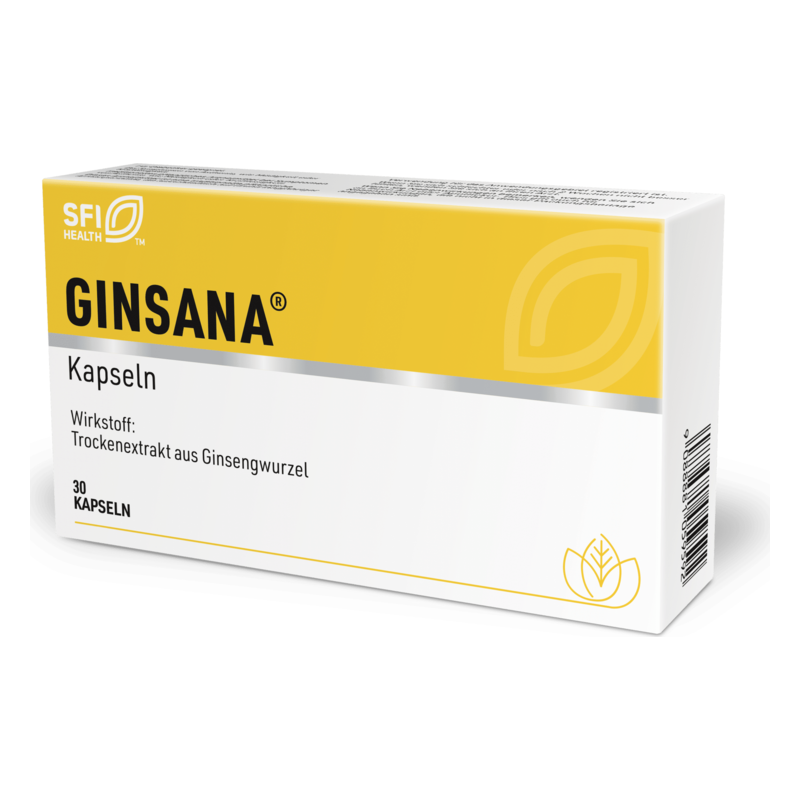 Verpackung von GINSANA Kapseln mit Ginseng-Wurzelextrakt, gelb-weißer Hintergrund und Logo.