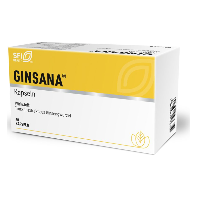 Packung mit GINSANA Kapseln, enthält Trockenextrakt aus Ginsengwurzel, Design in Gelb und Weiß.