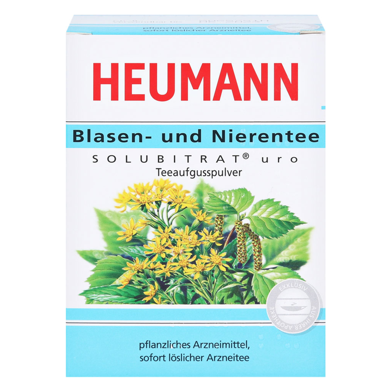 Verpackung von Blasen- und Nierentee, mit gelben Blüten und grünen Blättern auf der vorderen Abbildung.