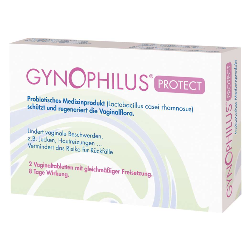Verpackung des probiotischen Medizinprodukts GYNOPHILUS PROTECT zur Unterstützung der vaginalen Gesundheit.