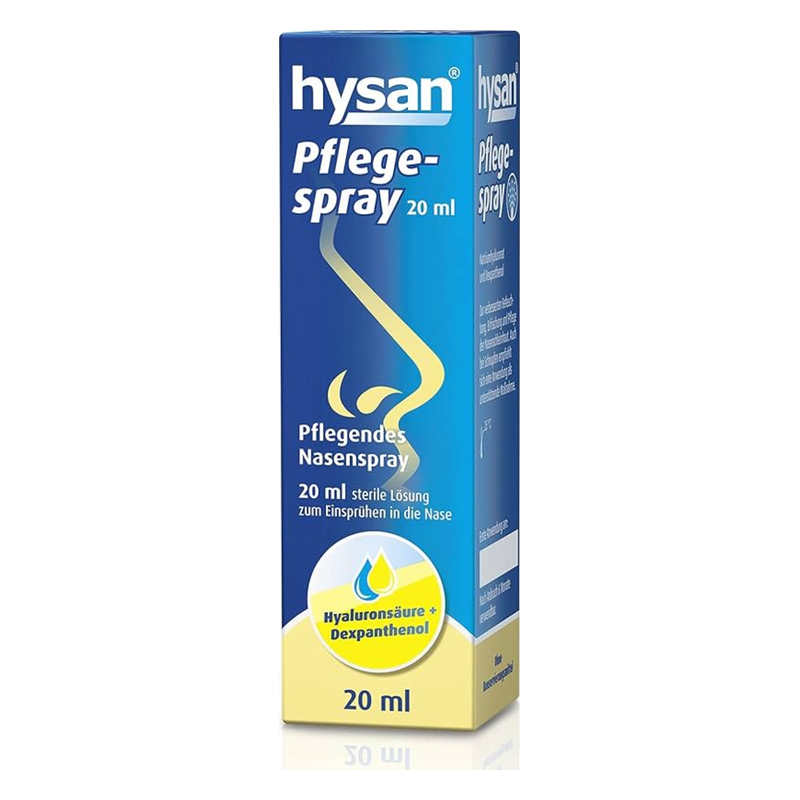 Nasenpflege-Spray in blauer Verpackung, 20 ml mit Hinweisen zur Anwendung und Inhaltsstoffen.