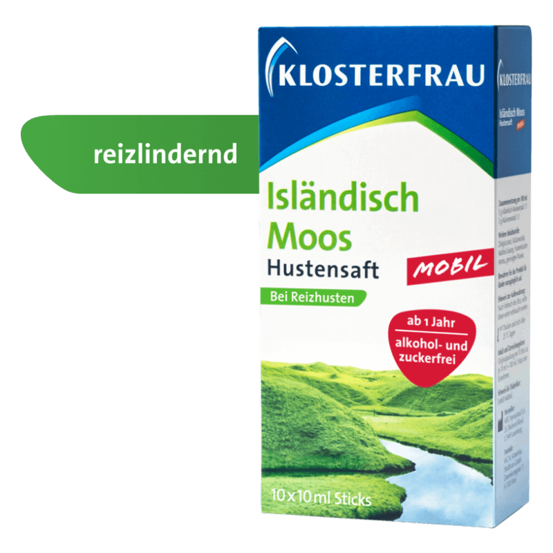 Eine Packung Klosterfrau Isländisch Moos Hustensaft, reizlindernd, für Erwachsene und Kinder ab 1 Jahr, alkohol- und zuckerfrei.