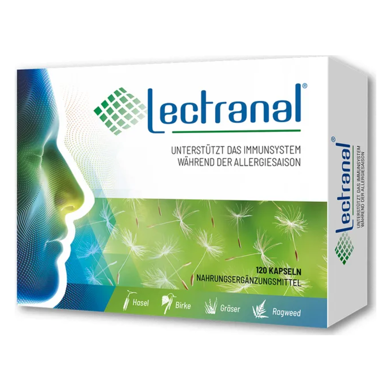 Packung Lectranal mit der Aufschrift zur Unterstützung des Immunsystems während der Allergiesaison und abgebildeten Pflanzen.