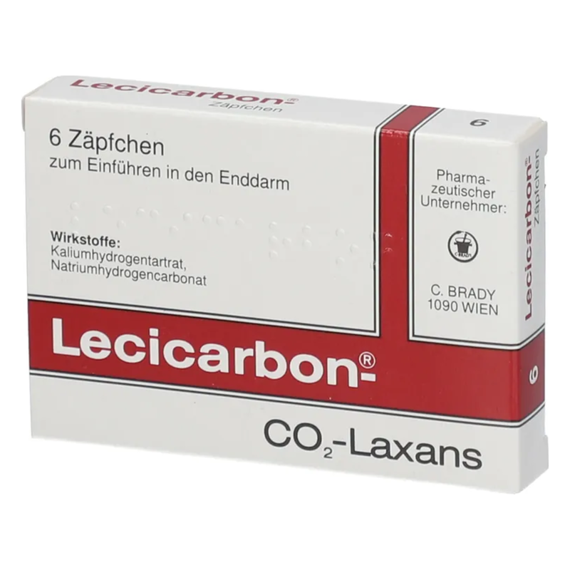 Verpackung von Lecicarbon CO2-Laxans mit 6 Zäpfchen zum Einführen in den Enddarm.