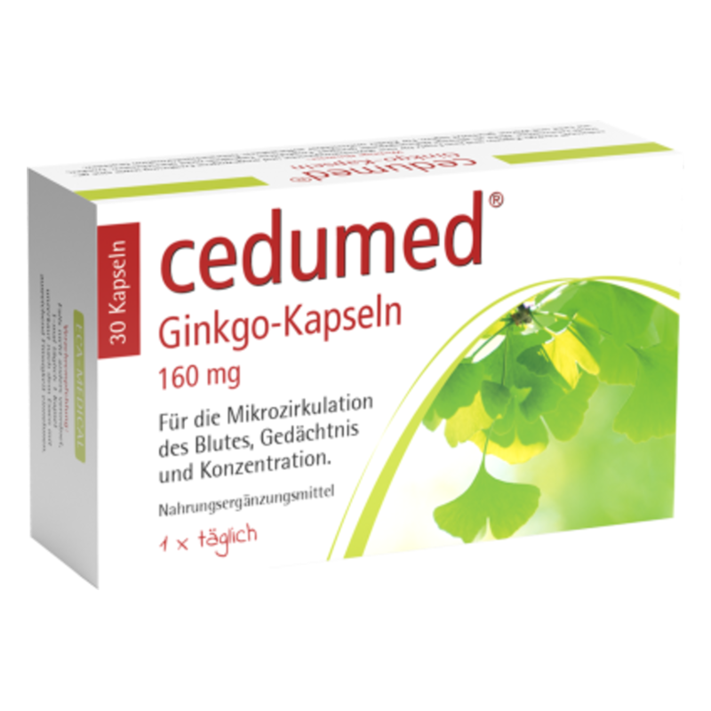 Verpackung von cedumed Ginkgo-Kapseln, 160 mg, für Gedächtnis und Konzentration, mit grünen Ginkgoblättern.