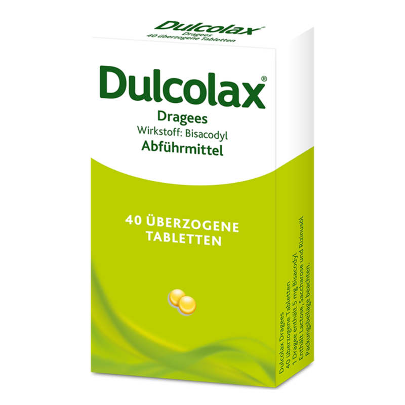 Verpackung von Dulcolax Dragees mit Bisacodyl als Abführmittel, grün-weiße Box mit 40 überzogenen Tabletten.