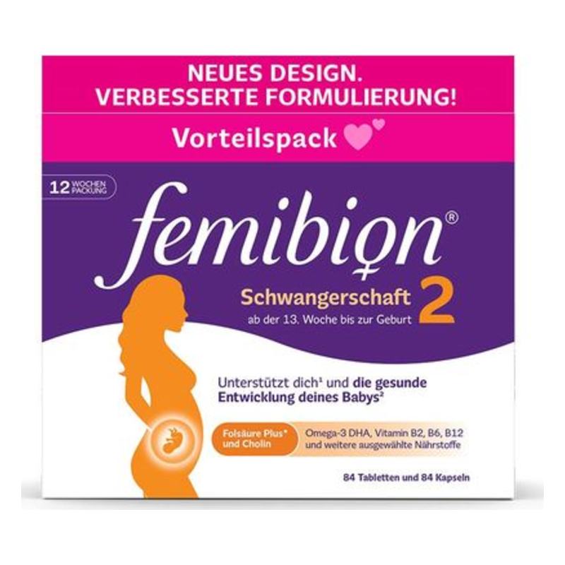 Vorteilspack von femibion Schwangerschaft 2 mit 84 Tabletten und 84 Kapseln zur Unterstützung der Entwicklung des Babys.
