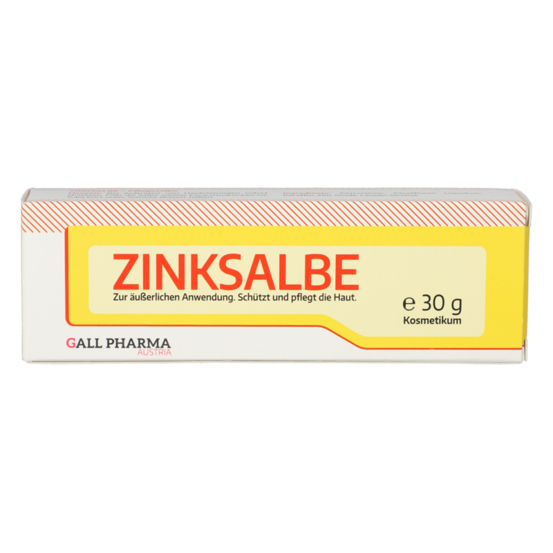 Verpackung einer Zinksalbe in einer 30 g Tube, mit gelber und roter Gestaltung, zur äußerlichen Anwendung.