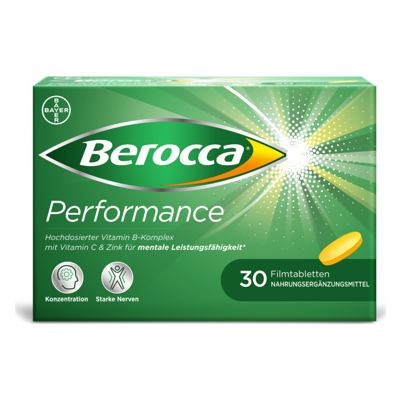 Berocca Performance, Verpackung mit 30 Filmtabletten, betont Vitamine B, C und Zink für mentale Leistungsfähigkeit.