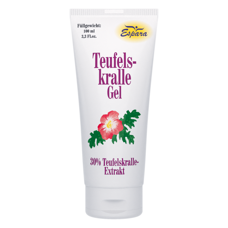 Tube mit Teufelskralle-Gel, enthält 30% Teufelskralle-Extrakt, Design mit rosa Blume.