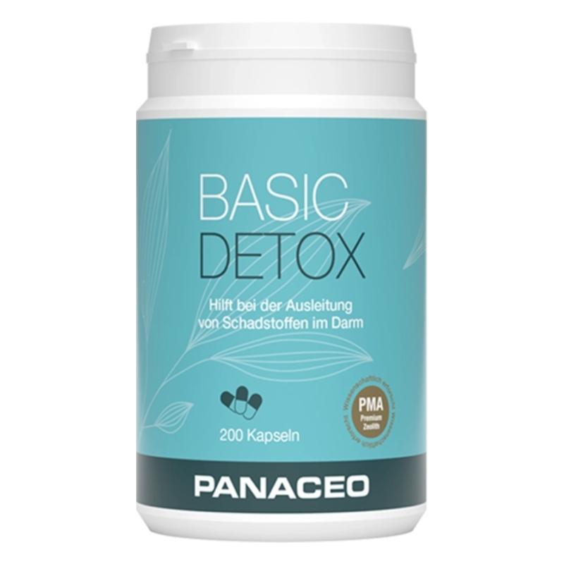 Container mit 'Basic Detox' Kapseln zur Unterstützung bei der Ausleitung von Schadstoffen im Darm.