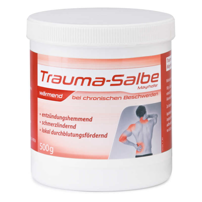 Runder Behälter mit Trauma-Salbe, wärmend, zur Linderung chronischer Beschwerden, 500 g.