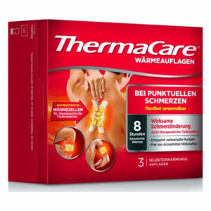 Packung mit ThermaCare Wärmeauflagen für punktuelle Schmerzlinderung, betont konstante Wärme und flexible Anwendung.