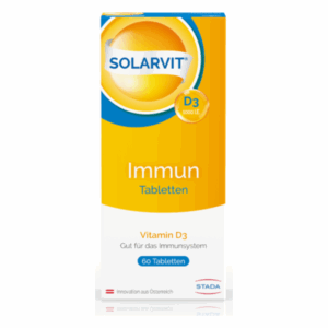 Verpackung von Solarvit Immun, Vitamin D3 Tabletten, 1000 IE, in einer hellen, gelben Box.