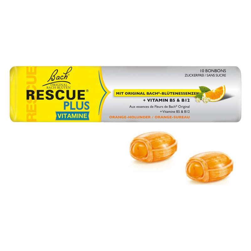 Verpackung mit Vitamin-B5- und B12-Bonbons in orangefarbener Hülse, zwei Bonbons sind sichtbar.