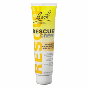Tube mit Bach Rescue Creme zur Hautpflege, gelb-weiße Verpackung mit Beschreibung der Inhaltsstoffe.