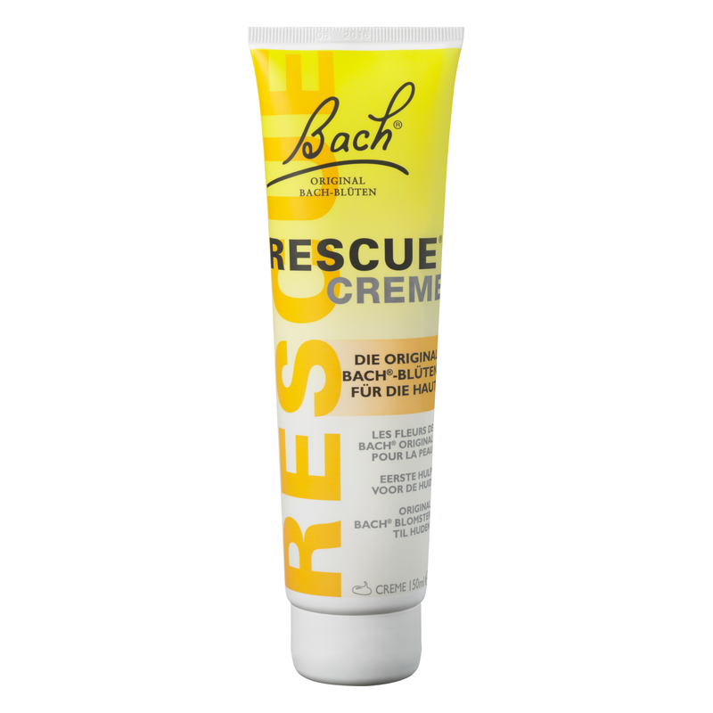 Tube mit Bach Rescue Creme zur Hautpflege, gelb-weiße Verpackung mit Beschreibung der Inhaltsstoffe.