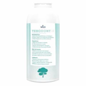 Flasche mit TEBODONT-F Mundspüllösung, weiß mit blauer Schrift, enthält Anweisungen zur Anwendung und Wirkung.
