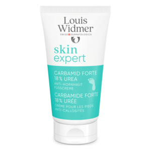 Tube mit Anti-Hornhaut-Fusscreme von Louis Widmer, 18% Urea, für die Pflege von trockenen Füssen.
