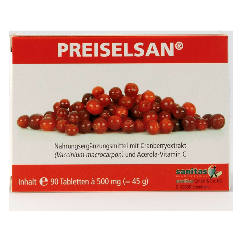Verpackung von Preiselsan, einem Nahrungsergänzungsmittel mit Cranberryextrakt und Acerola-Vitamin C.