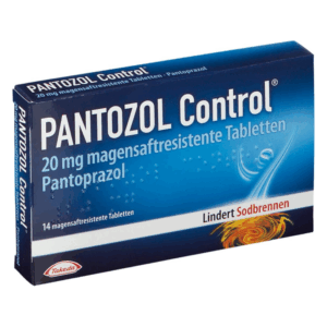 PANTAZOL Control Packung mit 14 magensaftresistenten Tabletten, die Pantoprazol enthalten, zur Linderung von Sodbrennen.