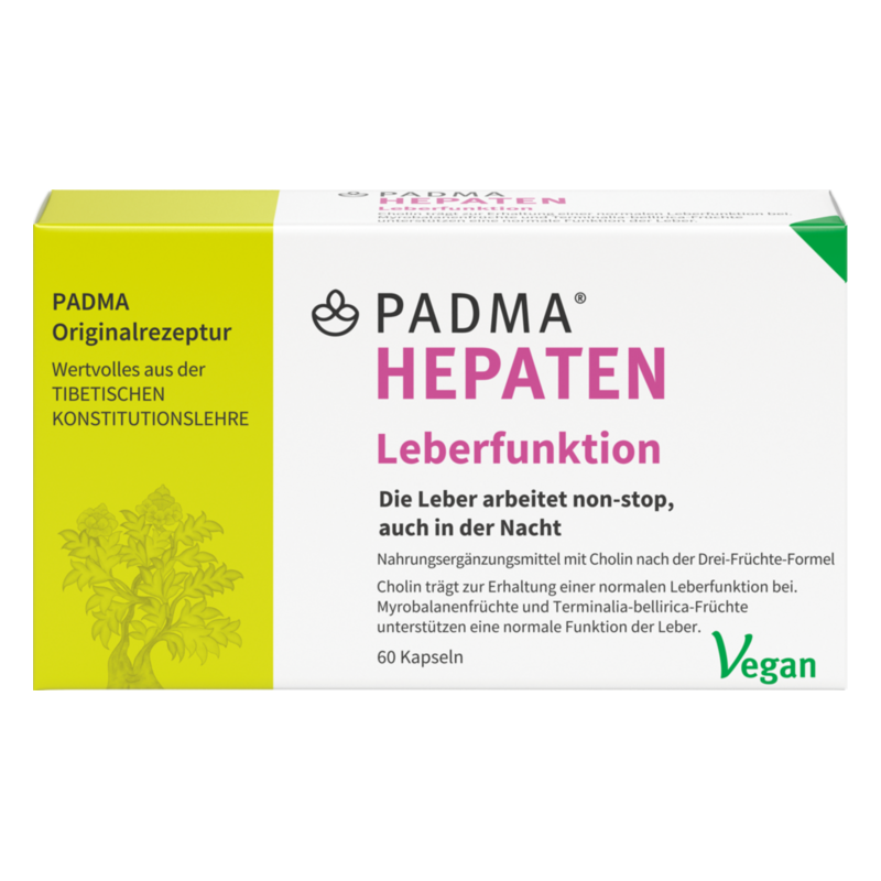 Verpackung eines Nahrungsergänzungsmittels für die Leber mit Aufschrift und pflanzlichem Design.