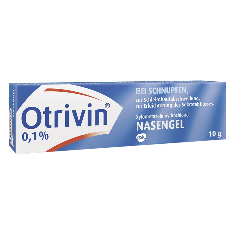 Verpackung von Otrivin Nasengel 10 g, mit Hinweisen zur Anwendung bei Schnupfen und Wirkstoff Xylometazolinhydrochlorid.